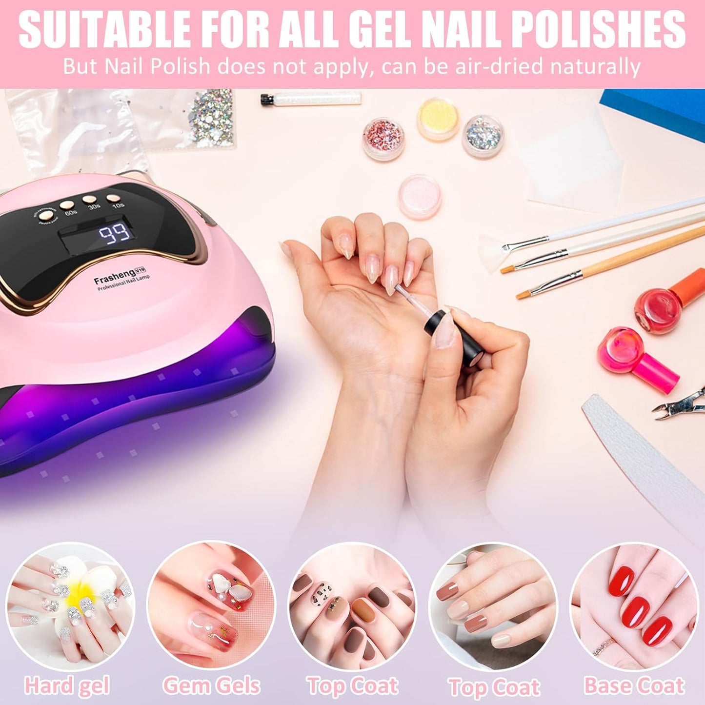 180W Lámpara UV Seca Uñas, Profesional Secador De Uñas LED UV Lampara Uñas Gel Con Mini Lampara Uñas, Lampara Uñas Con Base Desmontable Para Esmalte Semipermanente Gel Y Barniz, Rosa