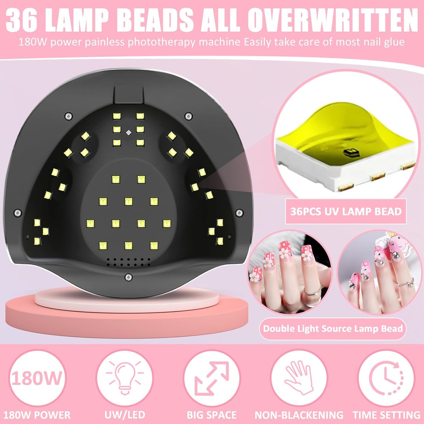 180W Lámpara UV Seca Uñas, Profesional Secador De Uñas LED UV Lampara Uñas Gel Con Mini Lampara Uñas, Lampara Uñas Con Base Desmontable Para Esmalte Semipermanente Gel Y Barniz, Rosa