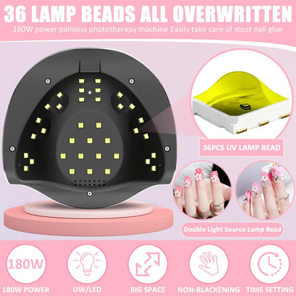 180W Lámpara UV Seca Uñas, Profesional Secador De Uñas LED UV Lampara Uñas Gel Con Mini Lampara Uñas, Lampara Uñas Con Base Desmontable Para Esmalte Semipermanente Gel Y Barniz, Rosa