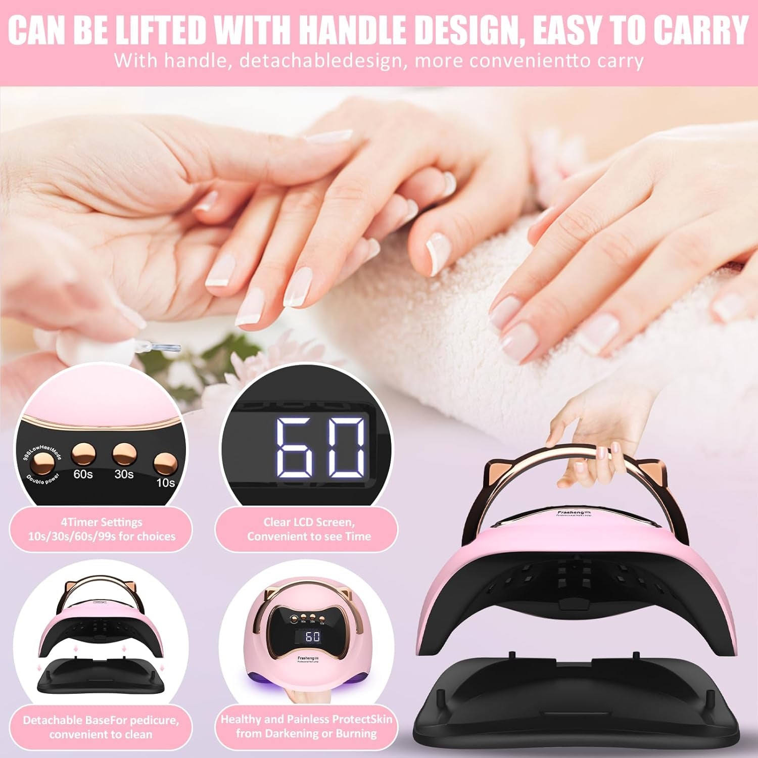 180W Lámpara UV Seca Uñas, Profesional Secador De Uñas LED UV Lampara Uñas Gel Con Mini Lampara Uñas, Lampara Uñas Con Base Desmontable Para Esmalte Semipermanente Gel Y Barniz, Rosa